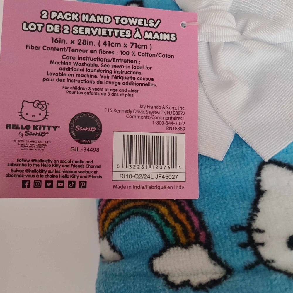 Sanrio Hello Kitty pattern set of 2 hand towels 100% Cotton NWT